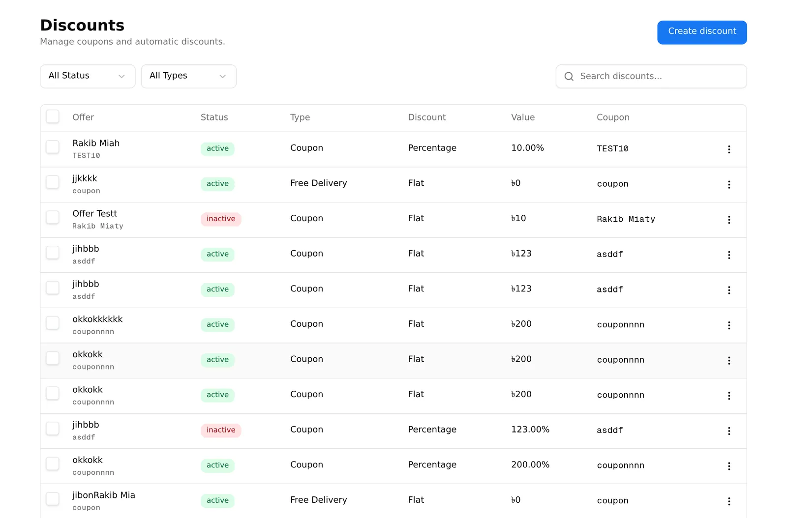 The discounts list, showing each offer's name, status, type, value and coupon code