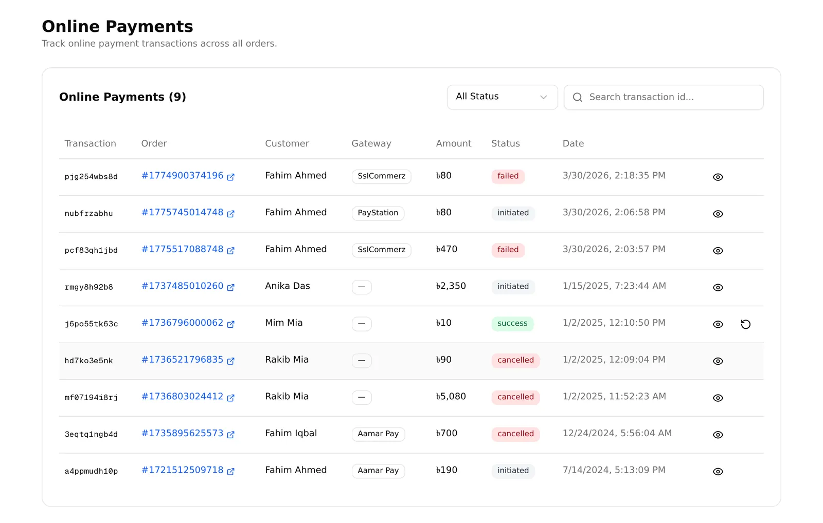 The online payments table: transaction, order, customer, gateway, amount, status and date