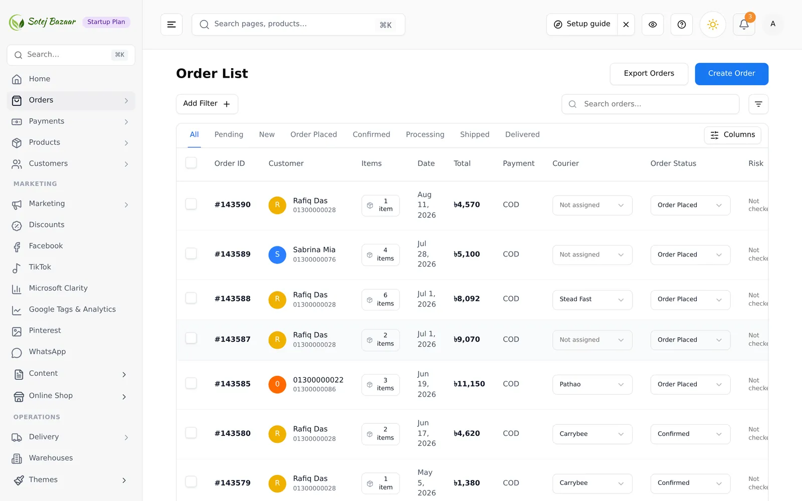 The order list, with status tabs above the table and a row per order