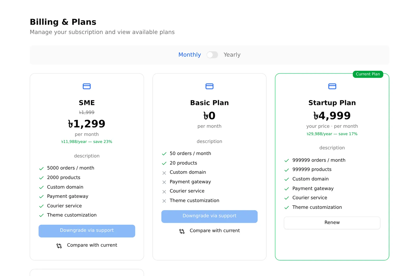 The plans page, with a card per plan and monthly/yearly pricing