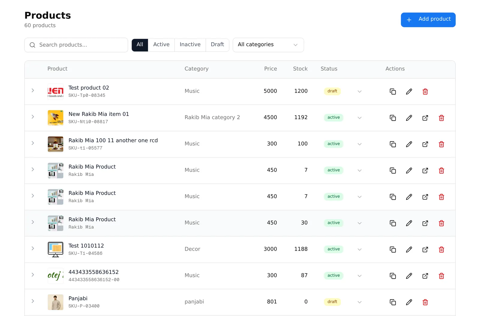The product list, showing thumbnail, name, SKU, category, price, stock and status