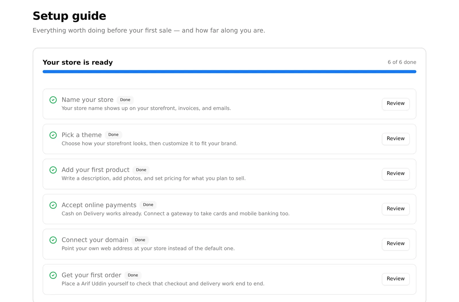 The setup guide, with the six-step checklist and progress