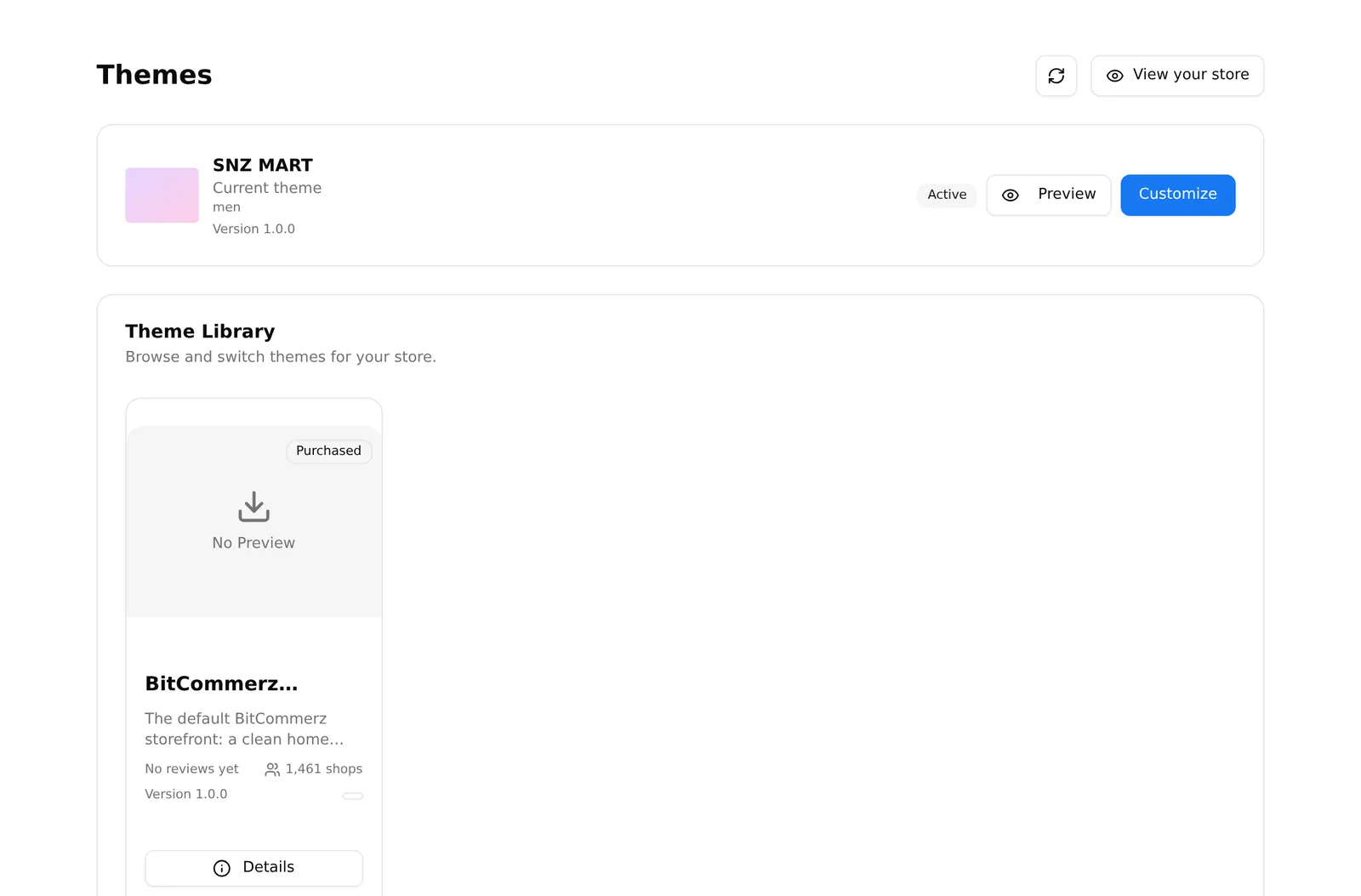 The theme library, showing the active theme and the themes available to add
