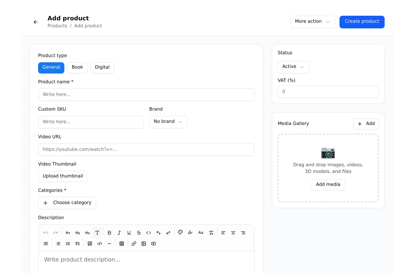 The add-product form, with name, category, price and media fields