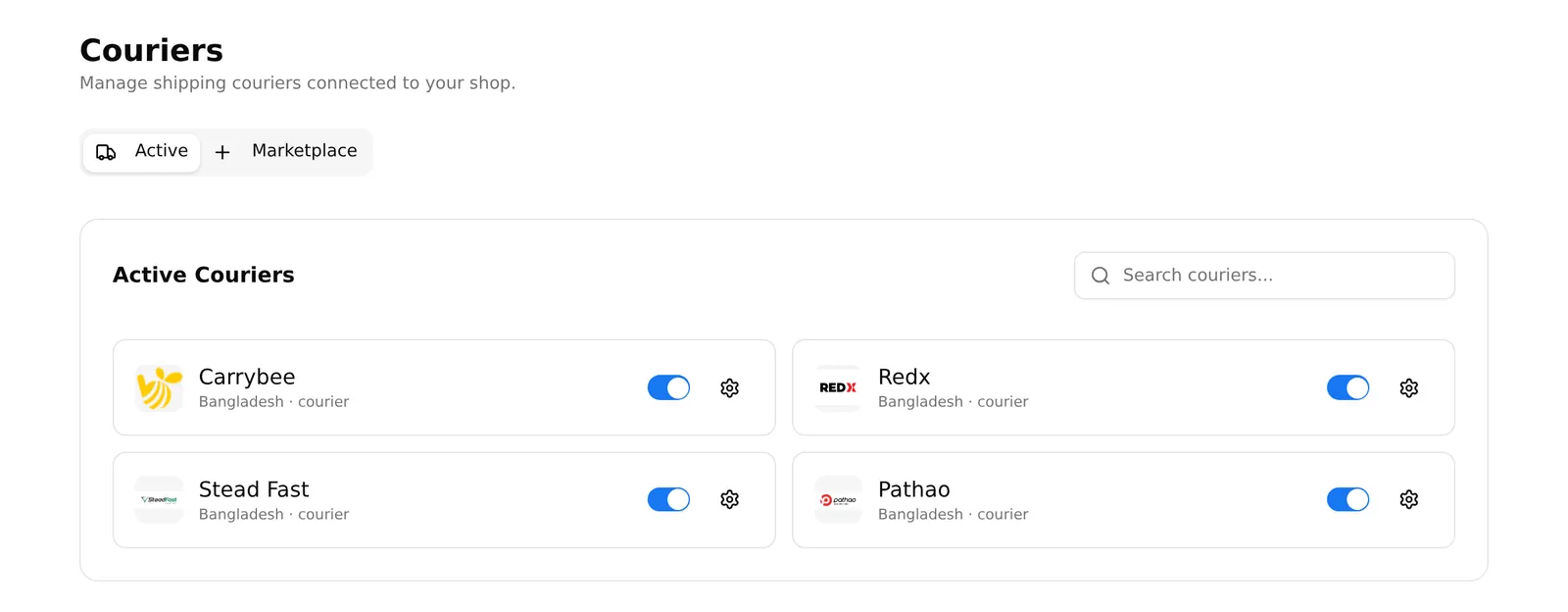 The Couriers page with its Active and Marketplace tabs