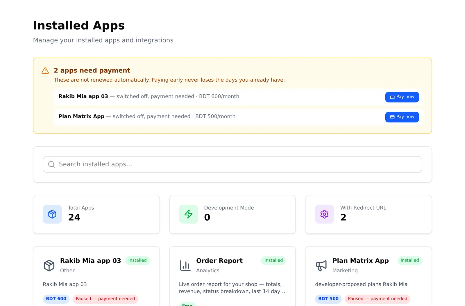 The installed apps list, showing each app and its configure button