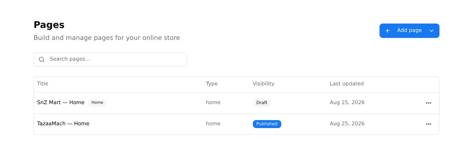 The Pages list, showing each page's title, type, visibility and last update