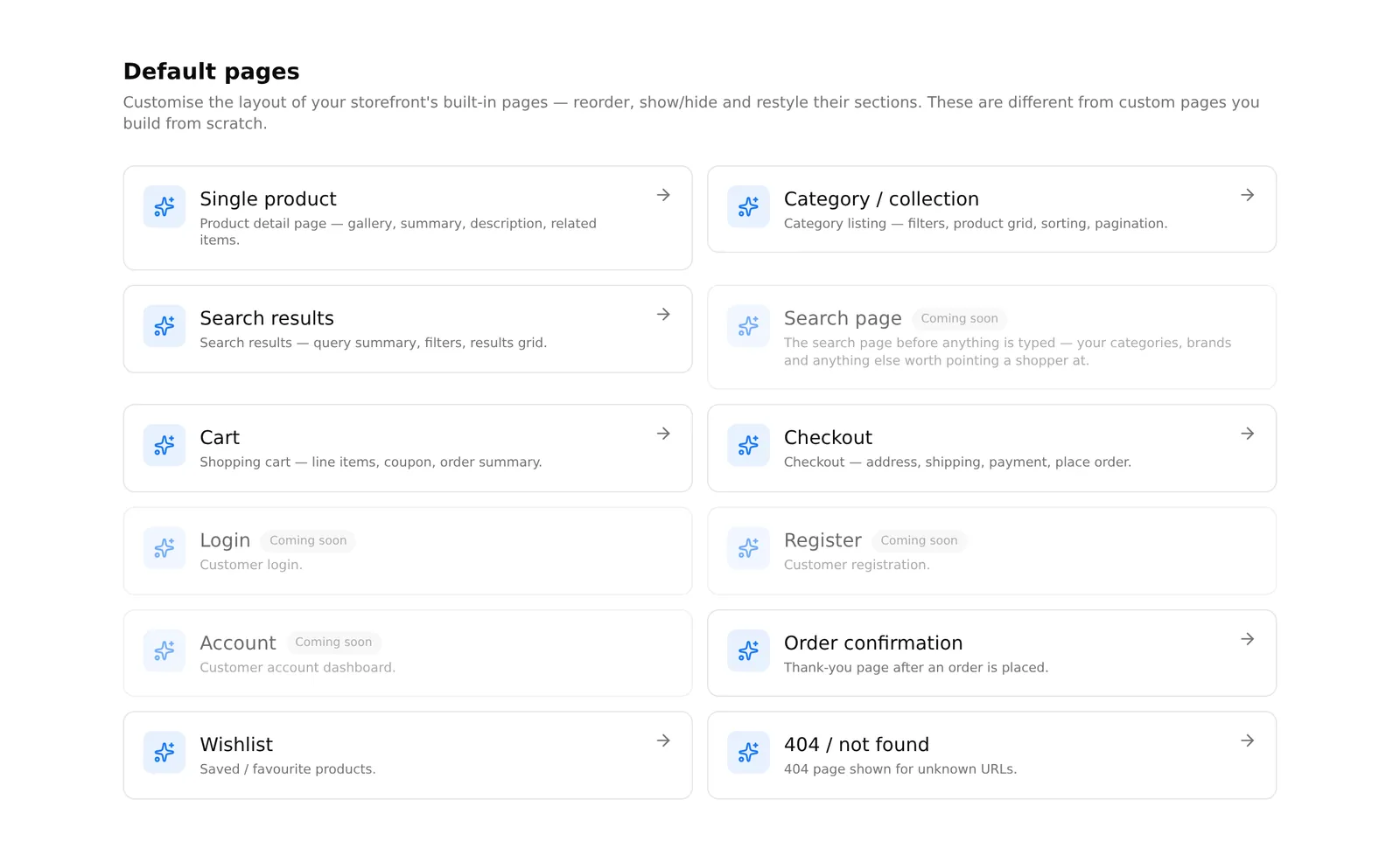 The default pages grid, with the editable pages and the four marked coming soon
