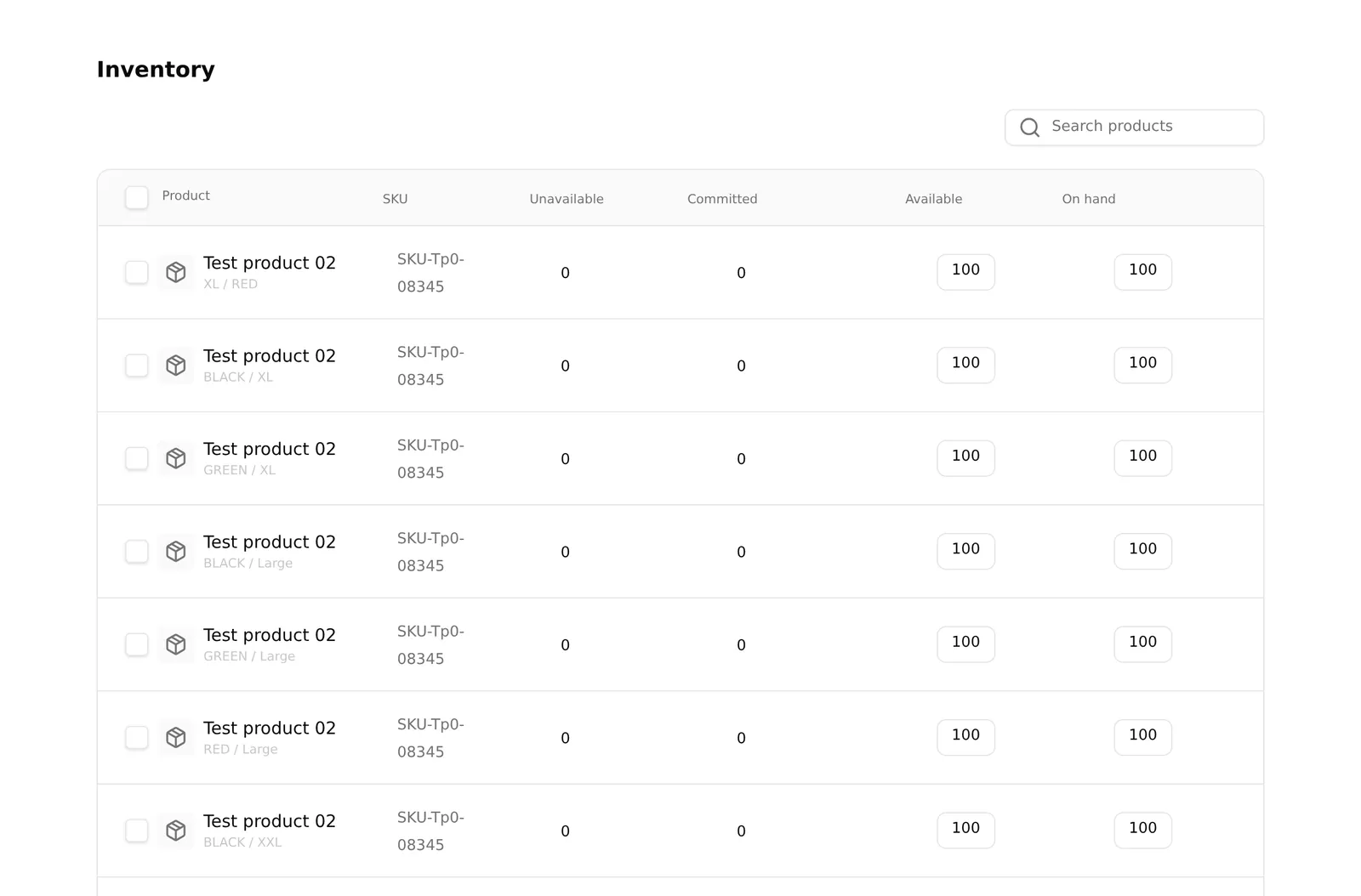 The inventory table, showing stock level per product