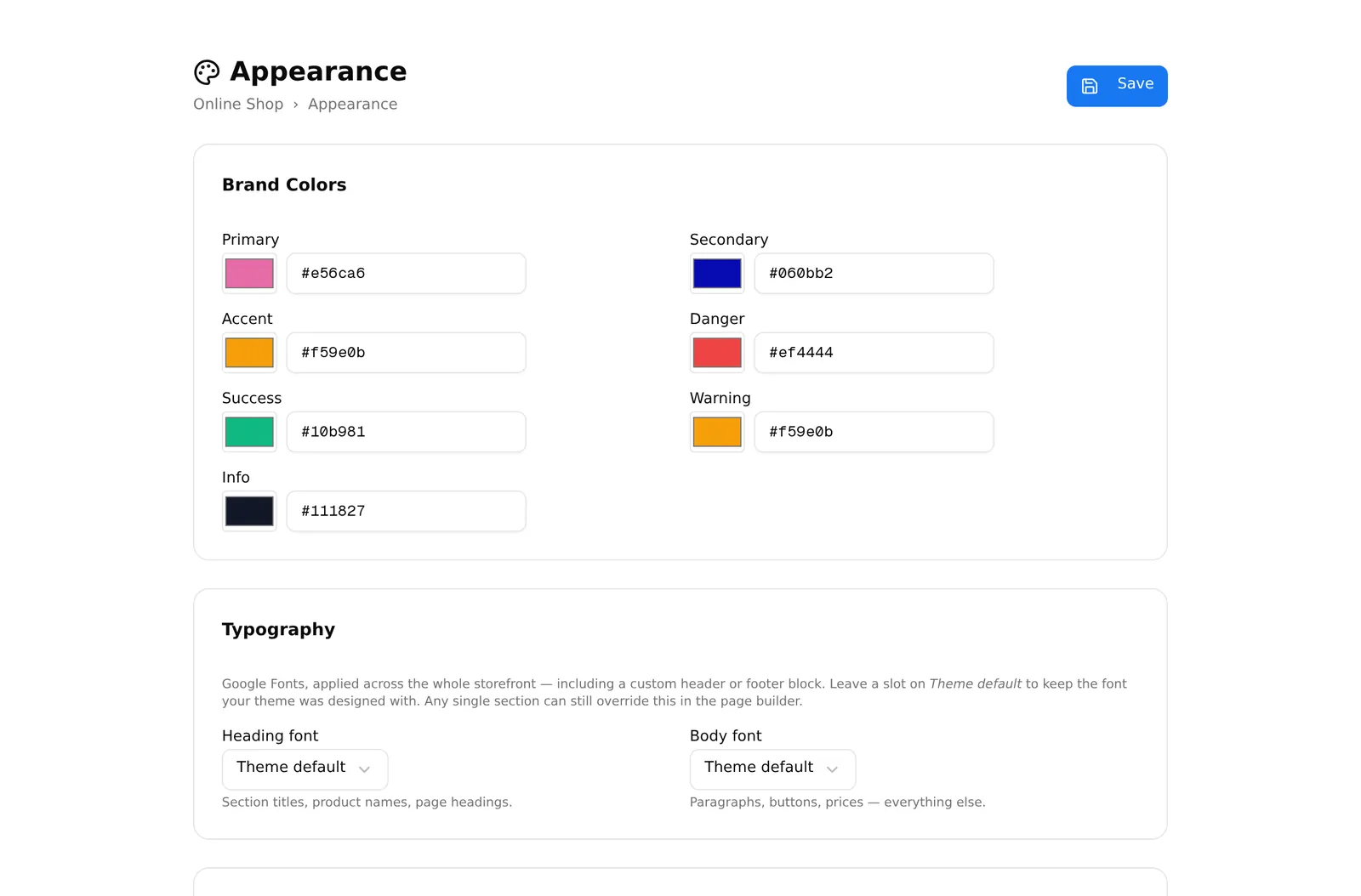 The Appearance page, with brand colours, typography and product-card settings