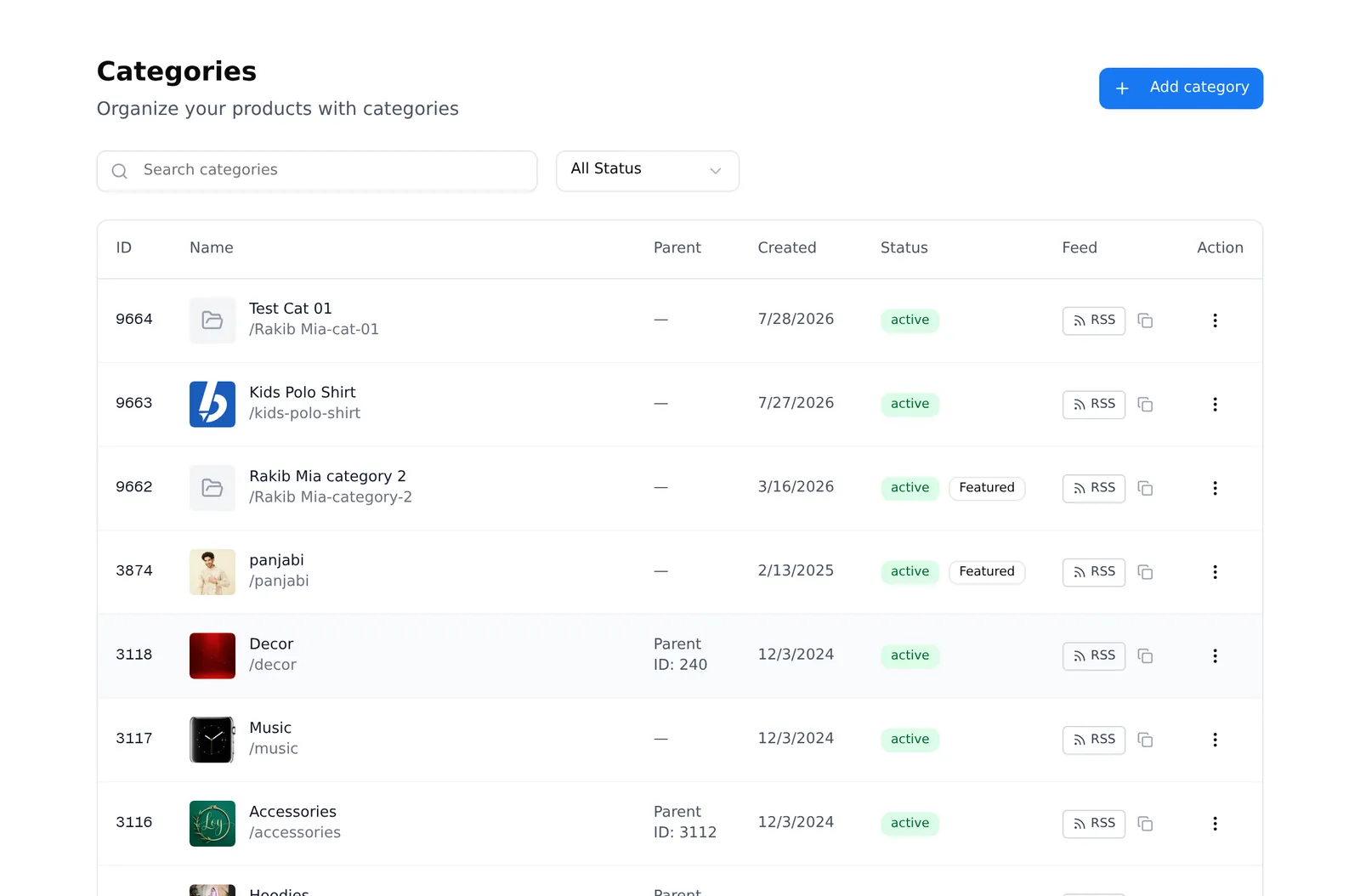 The categories list, with each category and its product count