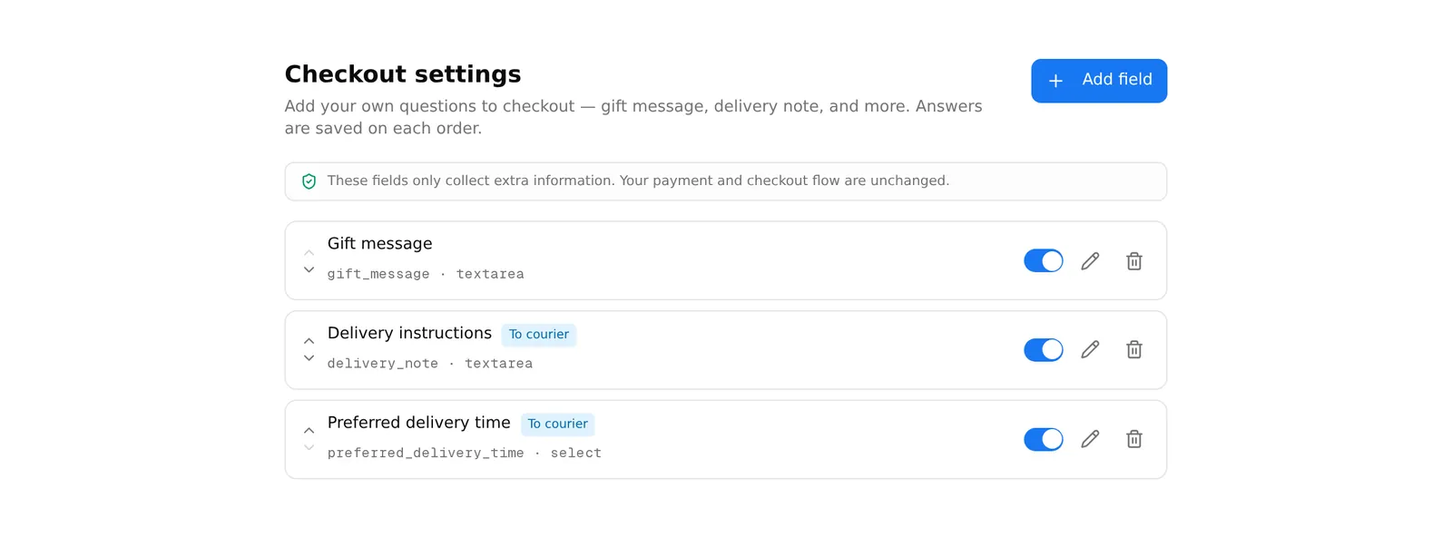 The checkout settings page, listing the custom fields added to checkout