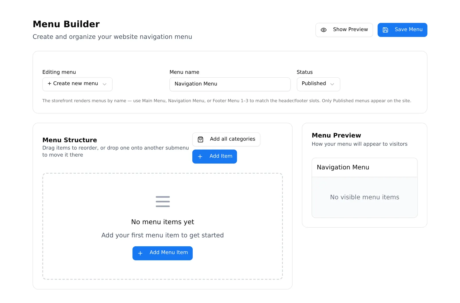 The Menu Builder, with the menu structure on the left and a live preview on the right