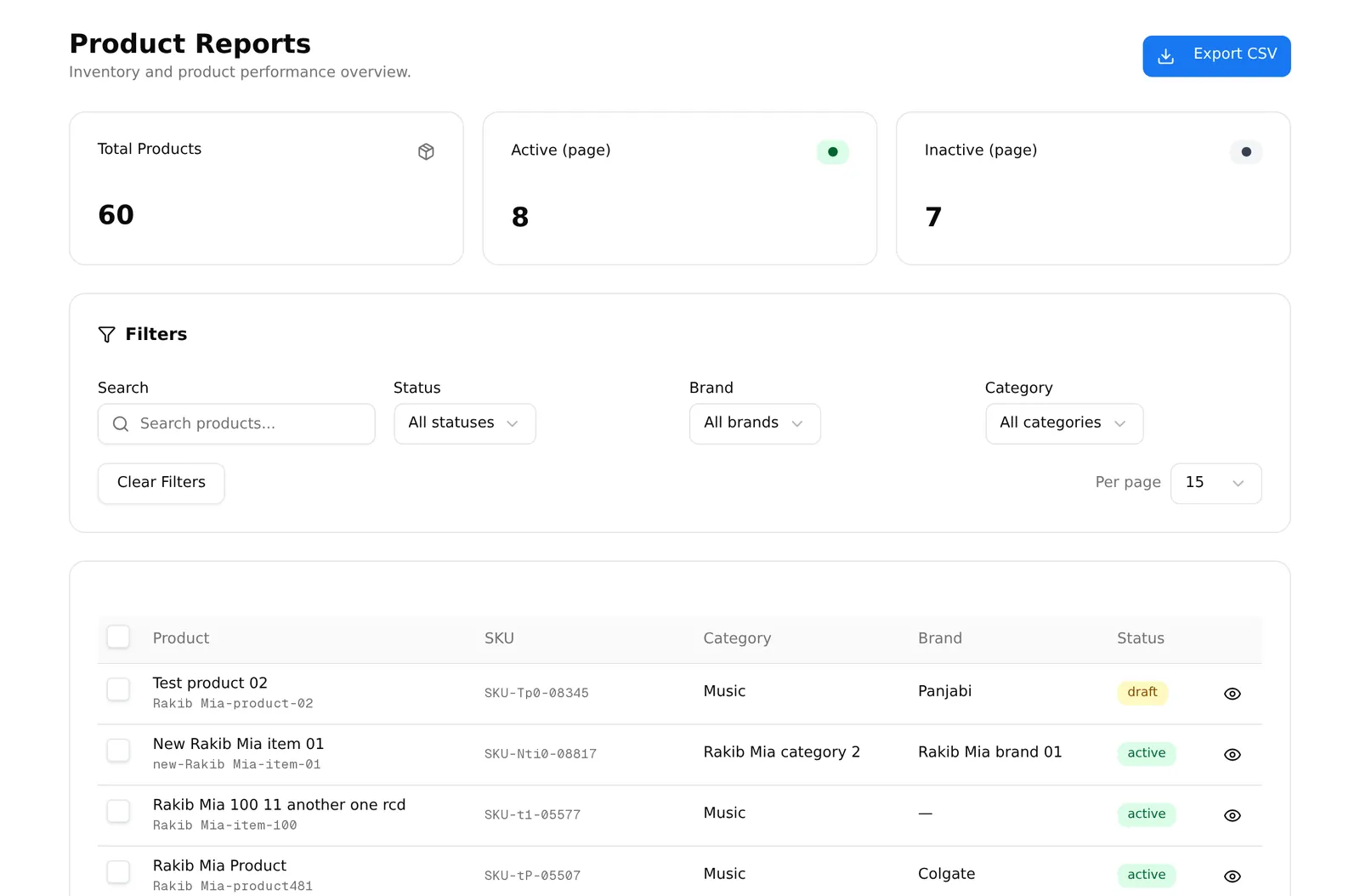 Product Reports, showing the three count cards and the filter row